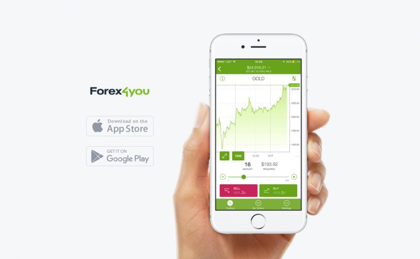 โทรศัพท์มือถือที่มี Forex4you แอปมือถือที่แสดงบนหน้าจอ, ไอคอนสำหรับการดาวน์โหลดแอป